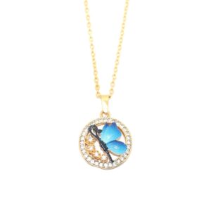 Gold Plated Blue Enamel Butterfly Circle Pendant Necklace For women and girls
