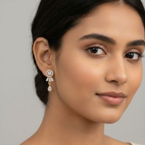 Elegant Gold Finish Round Stud Earrings with Drop Design for Women & Girl