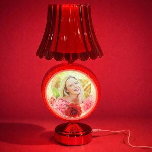 Red Round Photo Table Lamp with Shade for Bedroom, Side Table & Gift Decor
