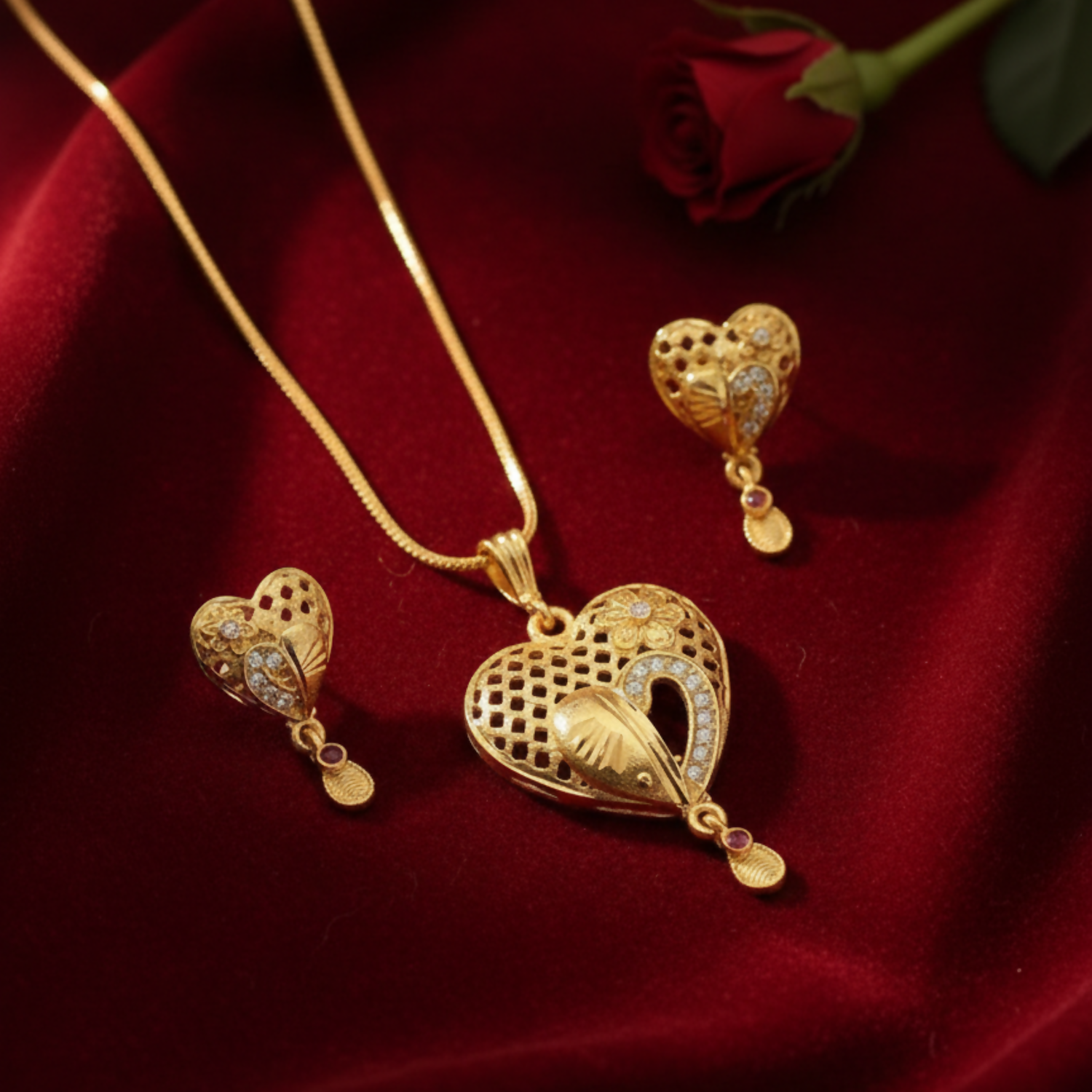 Heart Motif Gold Pendant and Earring Set Elegant Traditional Jewelry Set for Women - Image 10
