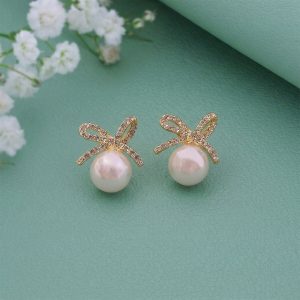 Elegant Pearl Bow Stud Earrings for Women And Girls