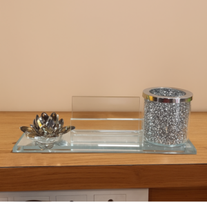 Luxury Glass Pen Stand and Card Holder with Crystal Lotus & Glitter Decor