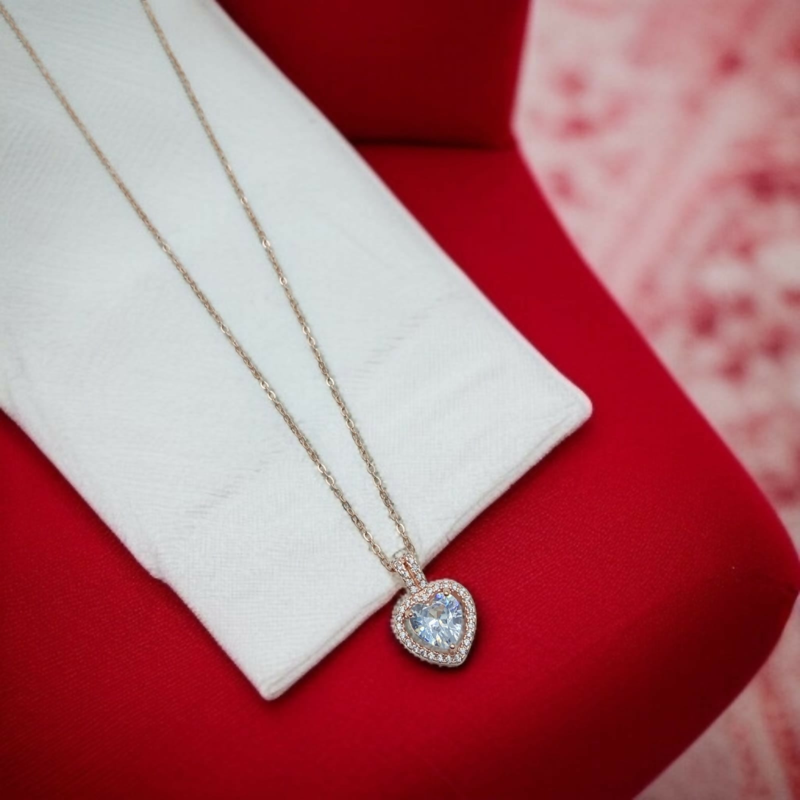 Crystal Inset Heart Charm on Rose Gold Chain And Pendal