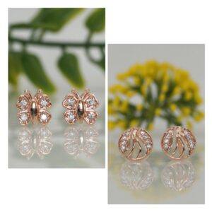 Rose Gold Plated AD Stud Earrings Set (Butterfly & Round) for women and girls Combo Pack of 2