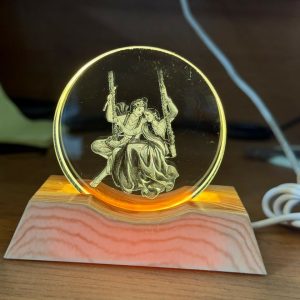 Radha Krishna Engraved Acrylic LED Night Lamp with Wooden Base for Home Decor