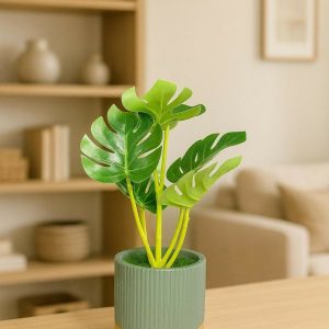 Artificial Monstera Leaf Tabletop Plant with Decorative Pot for Home Décor