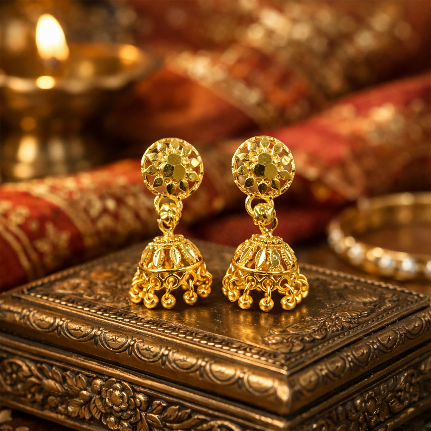 Copy of Elegant Gold Plated Floral Jhumka Earrings for Women Traditional Festive Wear - Image 2