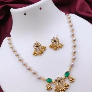 Elegant Gold-Plated Green Stone & Pearl Bridal Jewelry Set with Necklace, Earrings