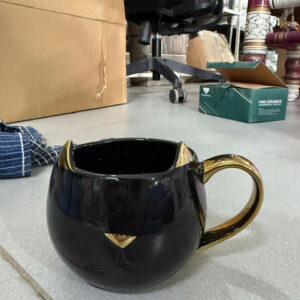 Premium Black CAT Ceramic Coffee Mug with Golden Horns & Handle – Cute Cartoon Style Large Capacity Tea Cup for Home, Office, Gifting, Hot & Cold Beverages, Unique Funky Stylish Ceramic Mug for Men Women (Pack of 1)