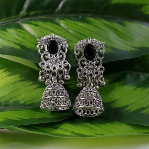 German Silver Jhumka Earrings with Black Monalisa Stones