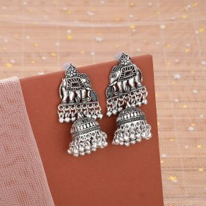 Traditional Silver Look Elephant Jhumka Earrings