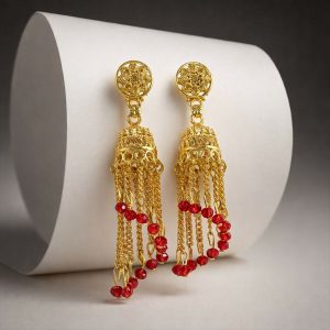 Traditional Gold Tone Chain Tassel Jhumka Earrings with Red Beads Long Ethnic Dangle Earrings for Women