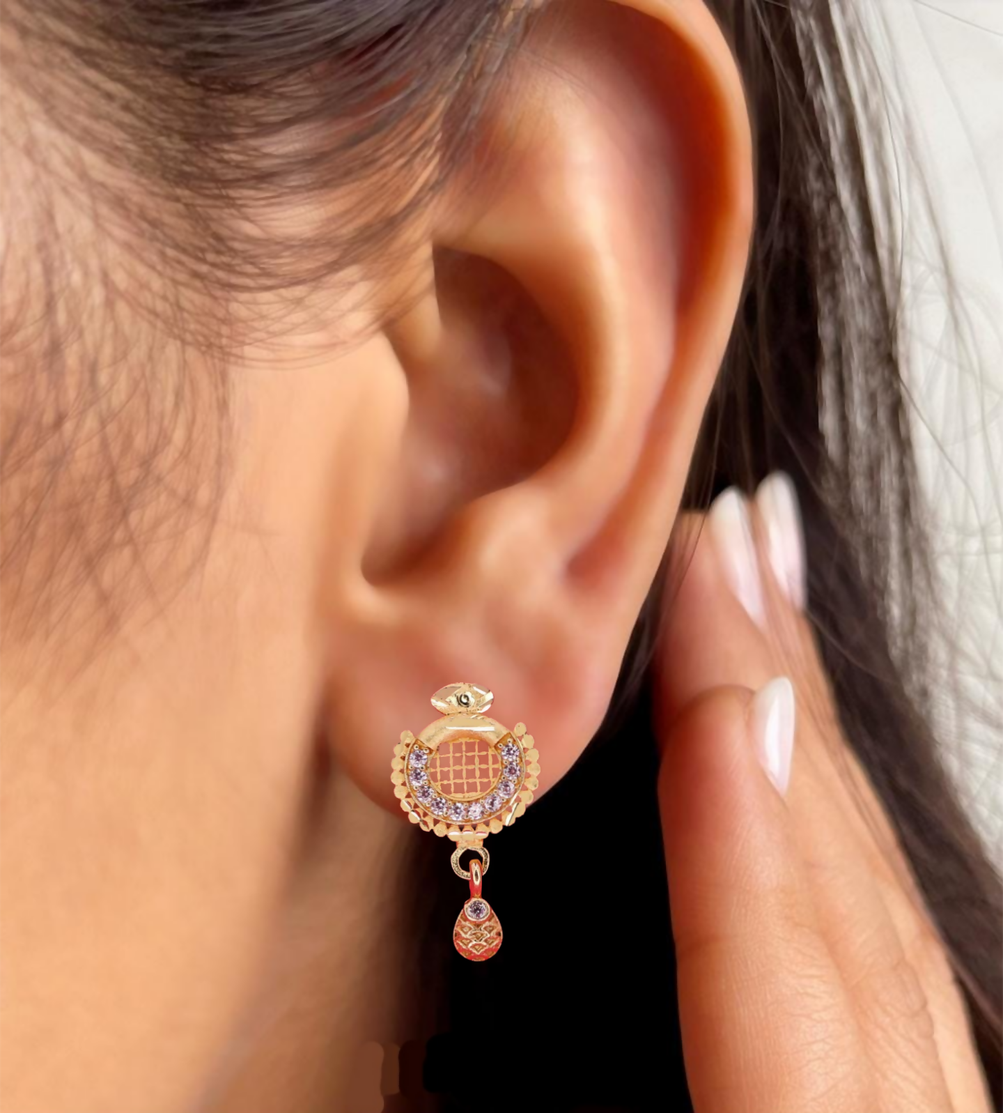 Gold Plated Grid Design Earrings with AD for women and girls - Image 4