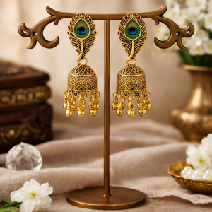 TRADITIONAL OXIDISED PEACOCK FEATHER JHUMKA EARINGS IN