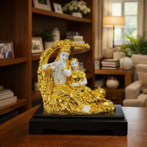 Radha Krishna Idol White and Golden Finish Statue for Home Temple Decor