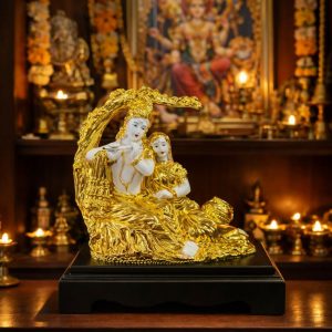 Radha Krishna Idol White and Golden Finish Statue for Home Temple Decor