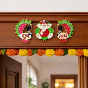 Acrylic Meenakari Peacock Ganesh Shubh Labh Door Hanging – Set of 3