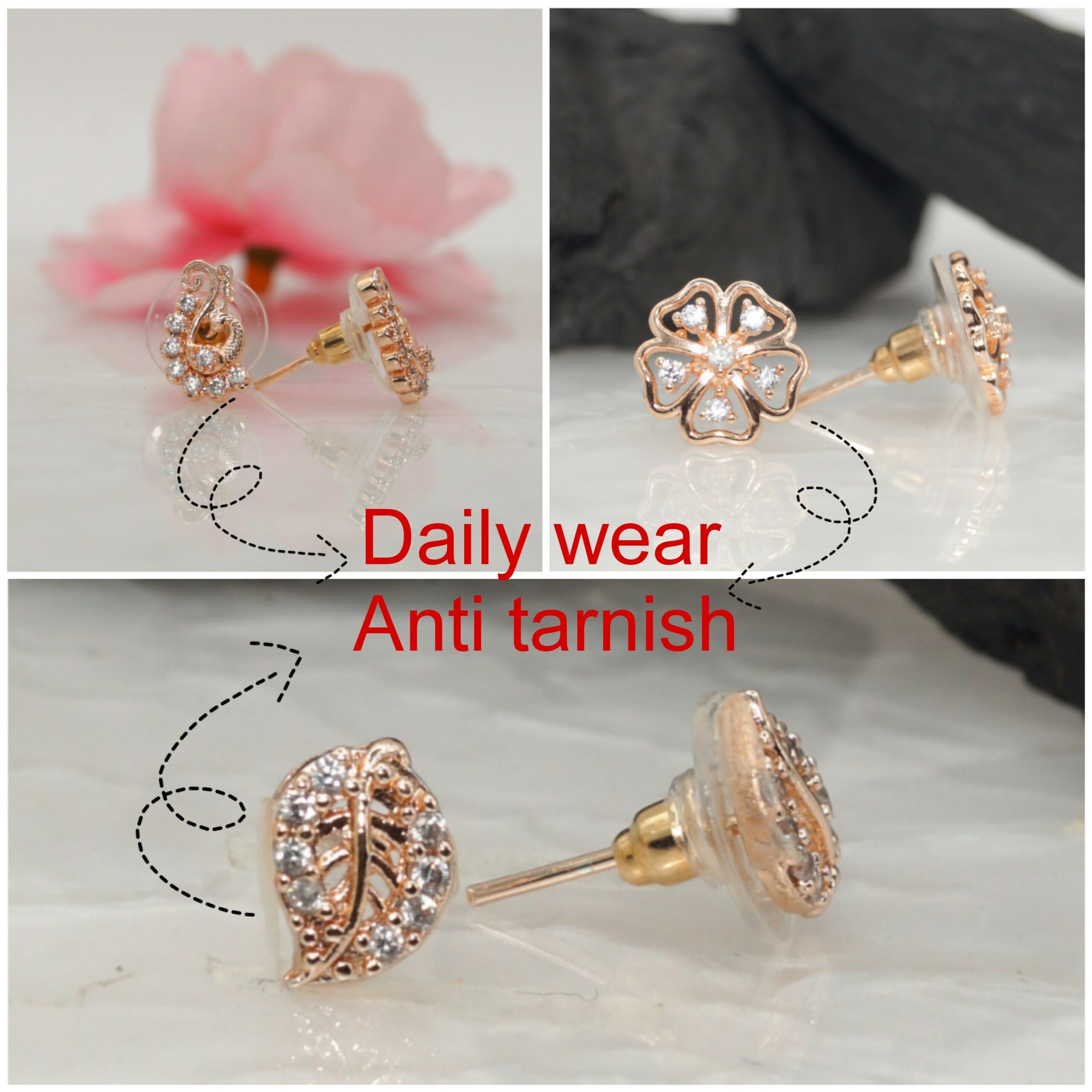 Rose Gold AD Stud Earrings Set | Floral & Peacock Design for women and girls Combo Pack of 3 - Image 2