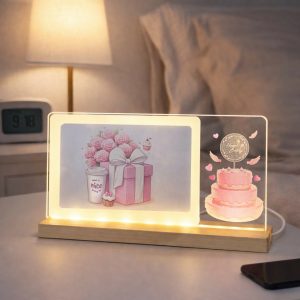LED Birthday Gift Photo Frame Lamp with Wooden Base Decor