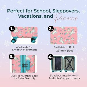 Novex Unicorn Pink Travelling Kids Trolley Bags for Girls Luggage 4 Wheels ( 18 Inch)