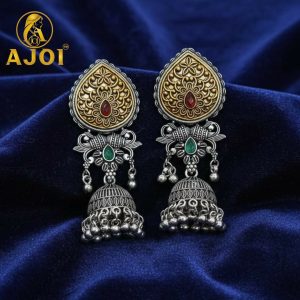 Premium Dual Tone Stone Jhumka Earrings with Elegant Traditional Detailing