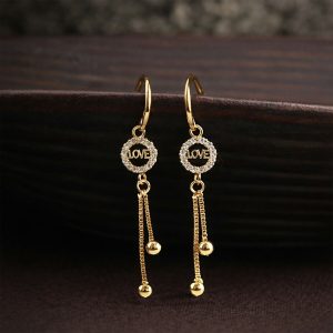 Romantic “LOVE” Charm Tassel Drop Earrings in Gold Finish