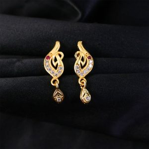 Gold Finish Leaf Design Drop Earrings with Stone Detailing (1 Pair)