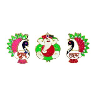 Acrylic Meenakari Peacock Ganesh Shubh Labh Door Hanging – Set of 3