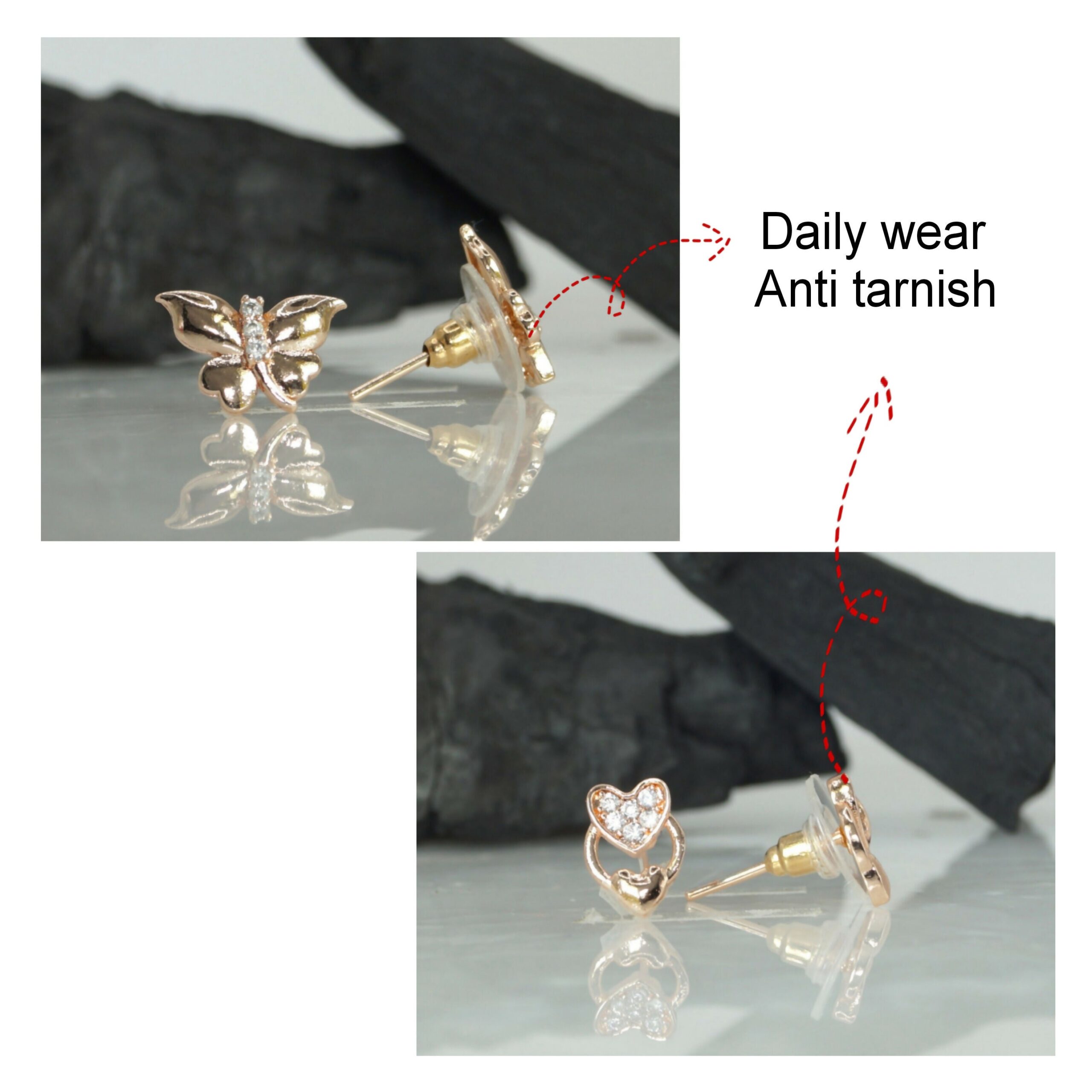 Rose Gold Heart & Butterfly Stud Earrings Set for women and girls Combo Pack of 2 - Image 2