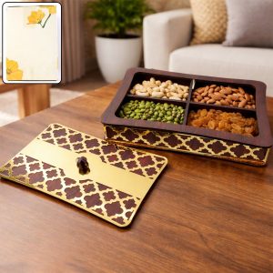 Dry Fruit Storage Box with 4 Compartments and Decorative Golden Lid