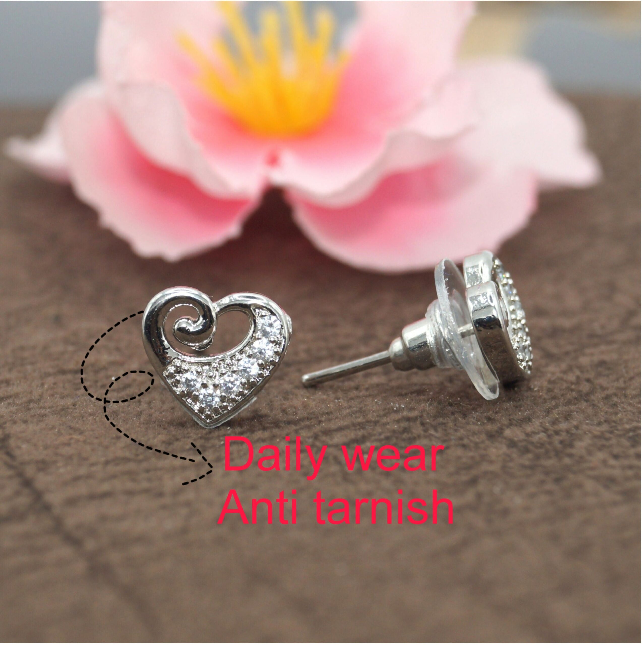 Sterling Silver Heart Stud Earrings with AD for women and girls - Image 2