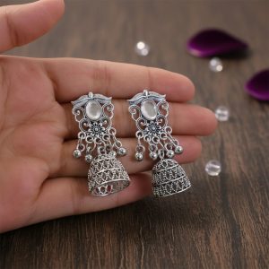 German Silver Jhumka Earrings with White Monalisa Stones