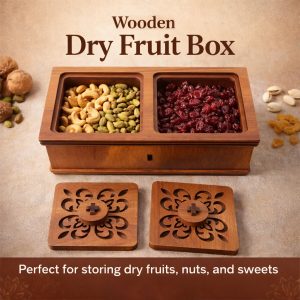 Premium 2 Compartment Wooden Dry Fruit Box with Carved Lid