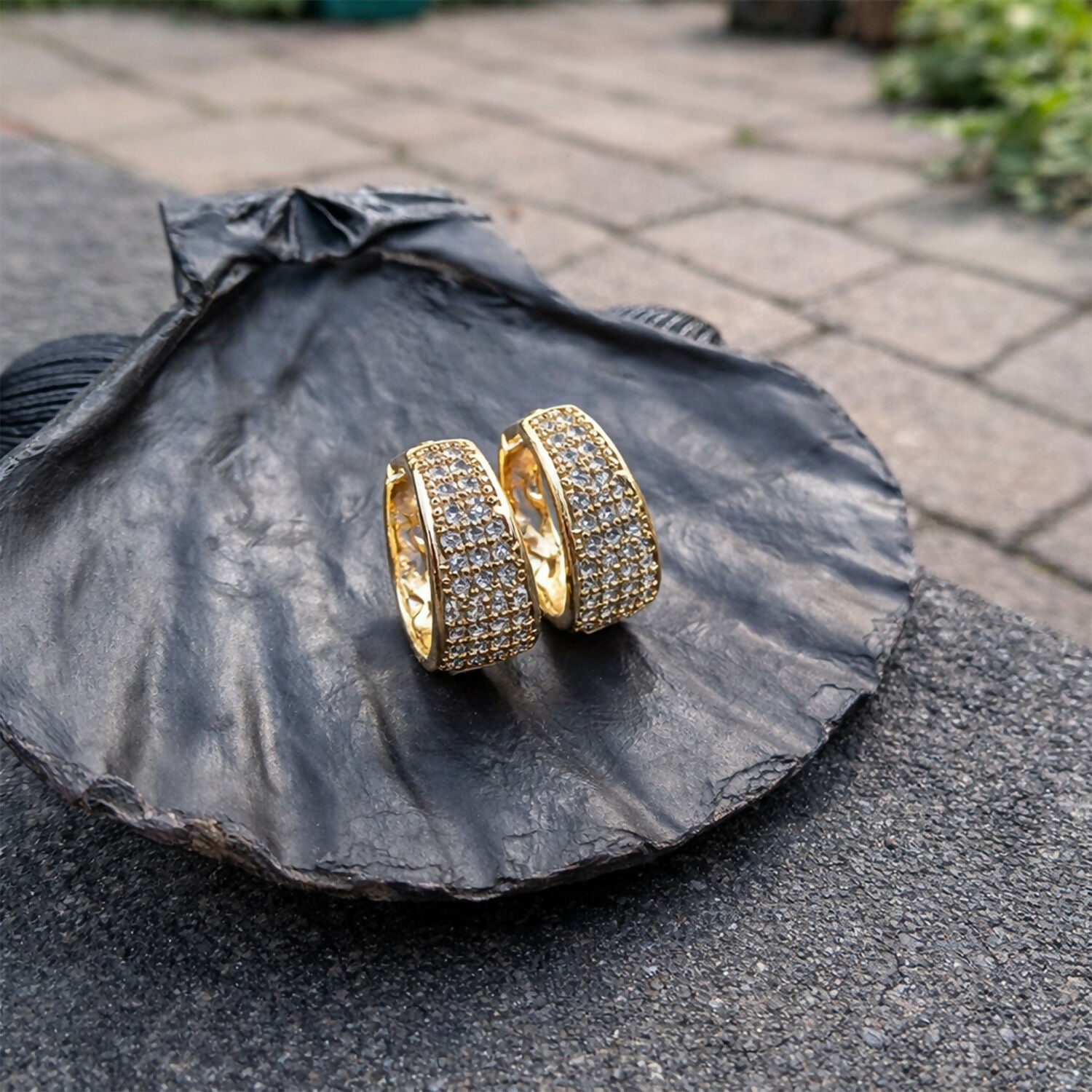 Luxury Crystal-Studded Gold Hoop Earrings – Wide Huggie Style Sparkling - Image 4