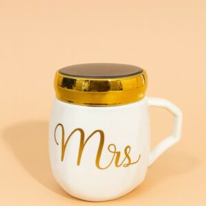 Mrs Ceramic Mug with Golden Lid & Handle | Premium Designer Tea & Coffee Cup for Women | Elegant Mrs Print Gift Mug | Heat-Retaining Lid | Perfect Gift for Wife, Girlfriend, Sister & Mom | Stylish Home & Office Mug (Mrs Edition)