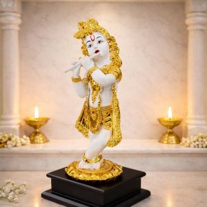 Lord Krishna Flute Idol White and Golden Finish Statue for Home Temple Decor