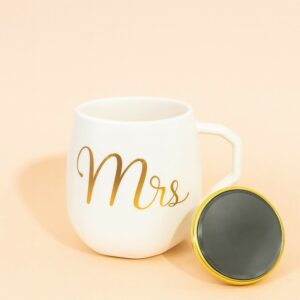 Mrs Ceramic Mug with Golden Lid & Handle | Premium Designer Tea & Coffee Cup for Women | Elegant Mrs Print Gift Mug | Heat-Retaining Lid | Perfect Gift for Wife, Girlfriend, Sister & Mom | Stylish Home & Office Mug (Mrs Edition)
