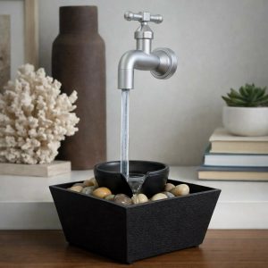 Modern Tap Style Tabletop Water Fountain with Pebble Base