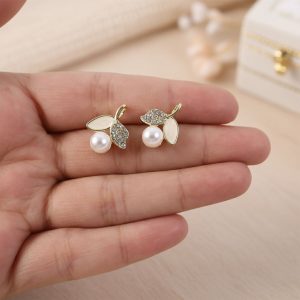 Luxury Korean Pearl Leaf Stud Earrings for Women & Girls – Premium Gold Plated Designer Jewellery