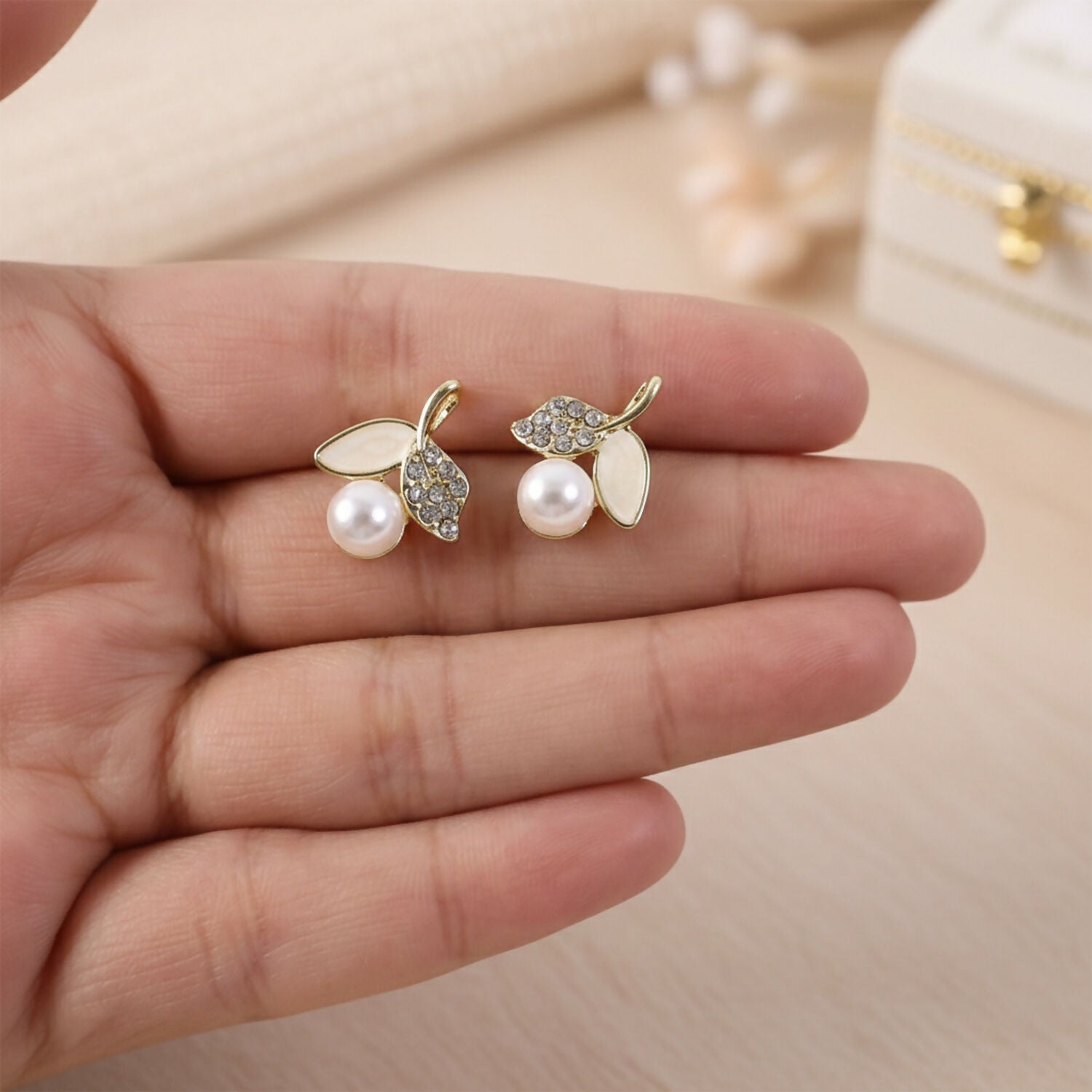 Luxury Korean Pearl Leaf Stud Earrings for Women & Girls – Premium Gold Plated Designer Jewellery - Image 4