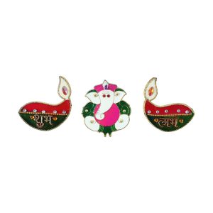 Acrylic Meenakari Diya Ganesh Shubh Labh Door Hanging – Set of 3