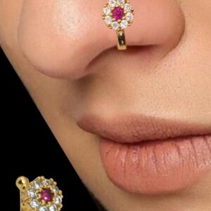 CZ Flower & Line Gold Plated Non-Piercing Nose Ring Set Combo Pack of 3