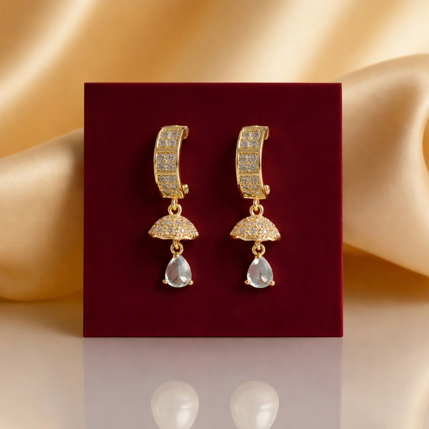 Gold-Tone Crystal Studded Huggie Drop Earrings for Women - Image 2