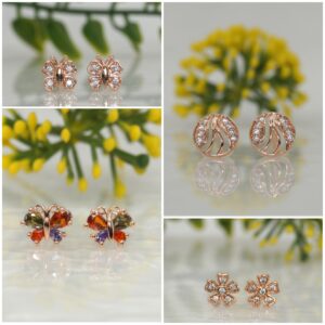 Sparkling Rose Gold Stud Earrings Set - Butterfly & Flower Designs for women and girls Combo Pack of 4