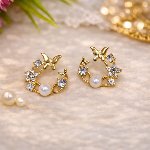 Butterfly Pearl Crystal Stud Earrings for Women And Girls