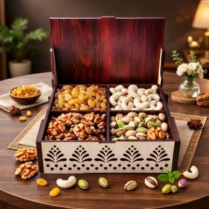 Elegant 4 Section Wooden Dry Fruit Storage Box with Laser Cut Designer Lid
