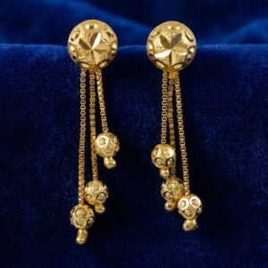 Heart Motif Designer Gold Earrings With Stone Line Work And Elegant Hanging Drop