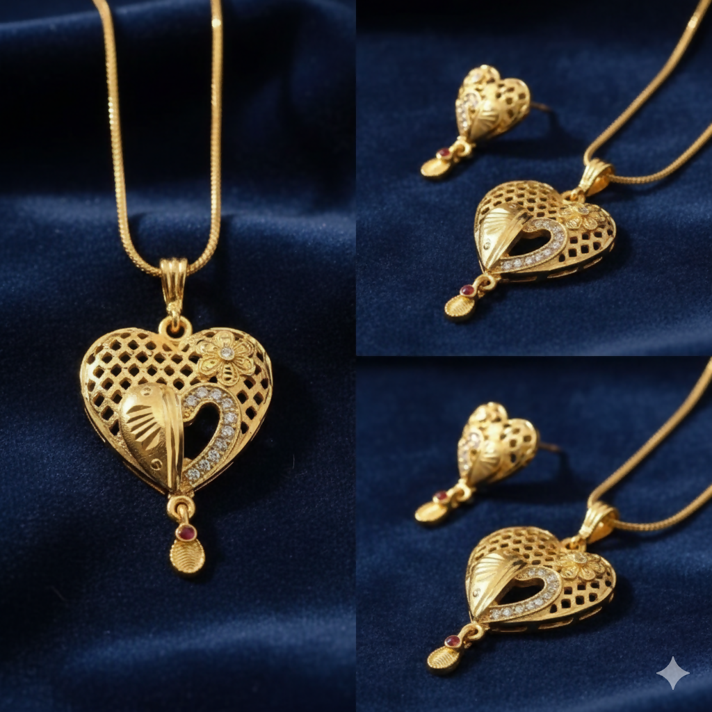 Heart Motif Gold Pendant and Earring Set Elegant Traditional Jewelry Set for Women - Image 11