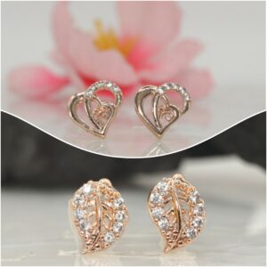 Rose Gold Plated AD Heart & Leaf Stud Earrings Set for women and girls Combo Pack of 2