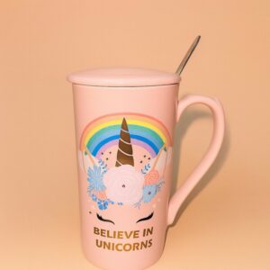 Premium Unicorn Printed Ceramic Mug With Golden Lid & Spoon | Cute Pink Coffee Mug With Lid For Girls, Office & Home Use | 400ml Large Capacity Tea Cup | Gift For Birthday, Kids, Women, Magic Unicorn Printed Cup (Pack of 1)
